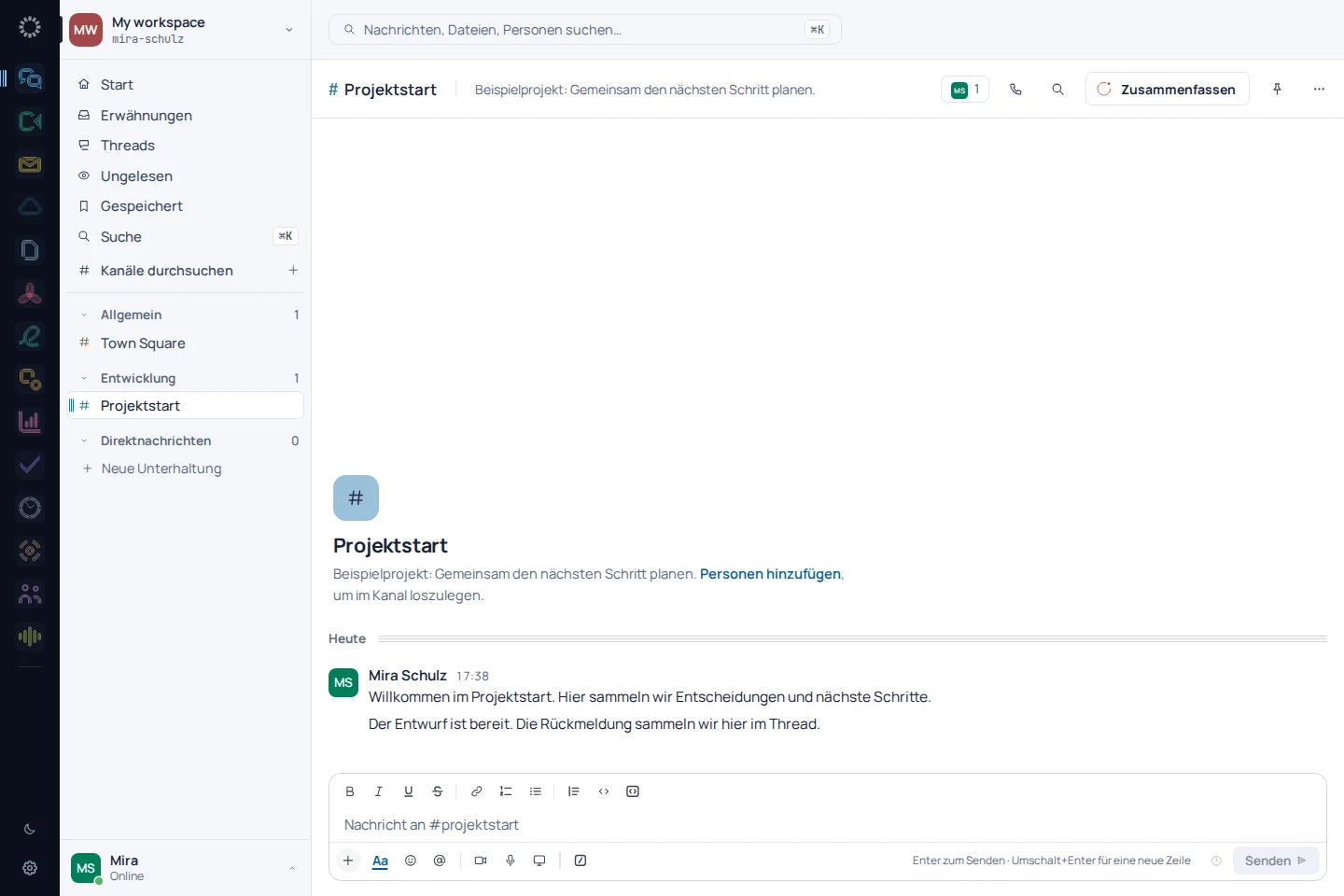 EU Chat: App-Aufnahme mit Beispieldaten