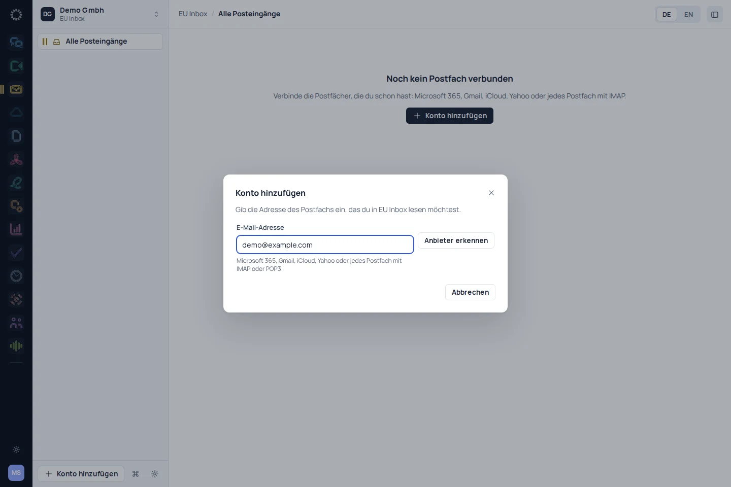 EU Inbox: App-Aufnahme mit Beispieldaten