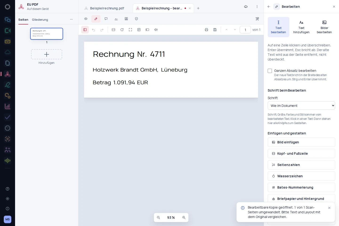 EU PDF: App-Aufnahme mit Beispieldaten
