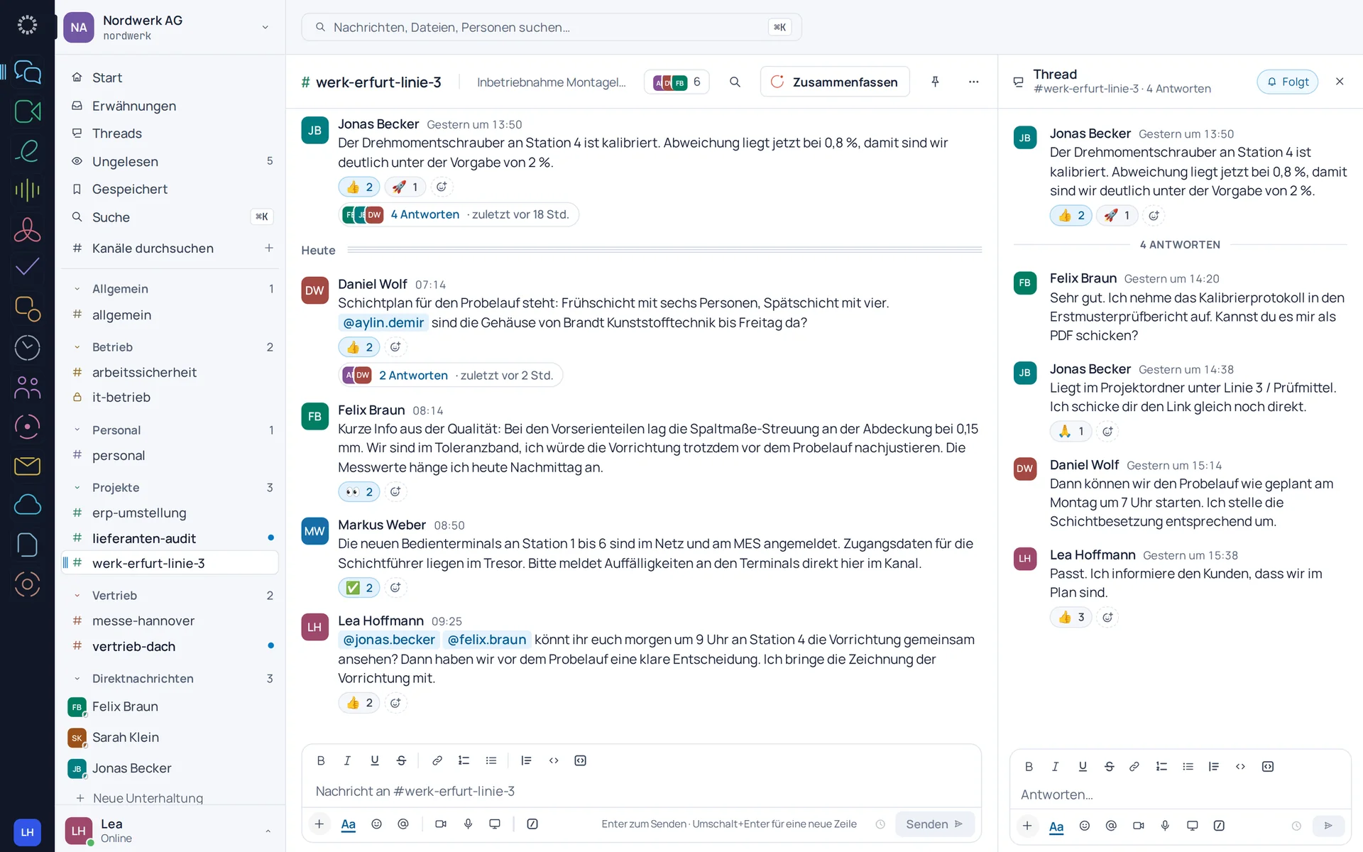 EU Chat: Projektkanal mit Thread: Abstimmung zur Inbetriebnahme einer Montagelinie.