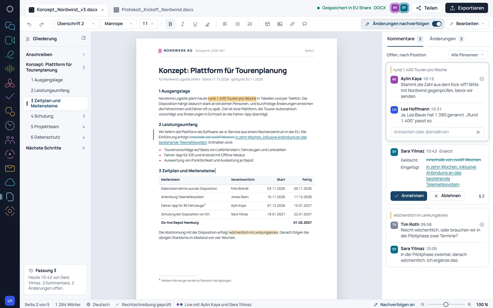 EU Docs: Editor im Suite-Design mit Kommentaren, nachverfolgten Änderungen und Gliederung.