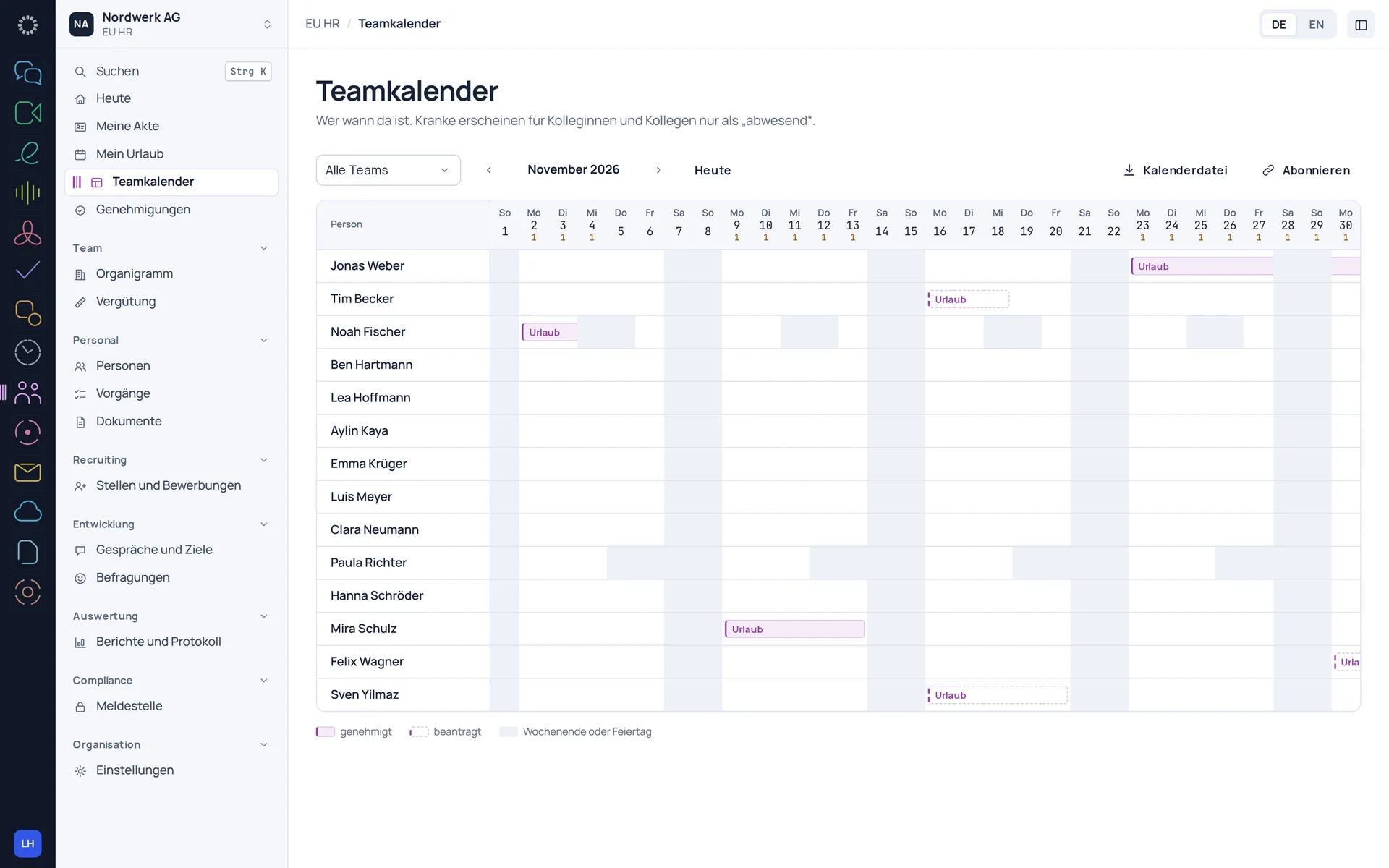EU HR: calendário da equipa com férias aprovadas e pedidas.