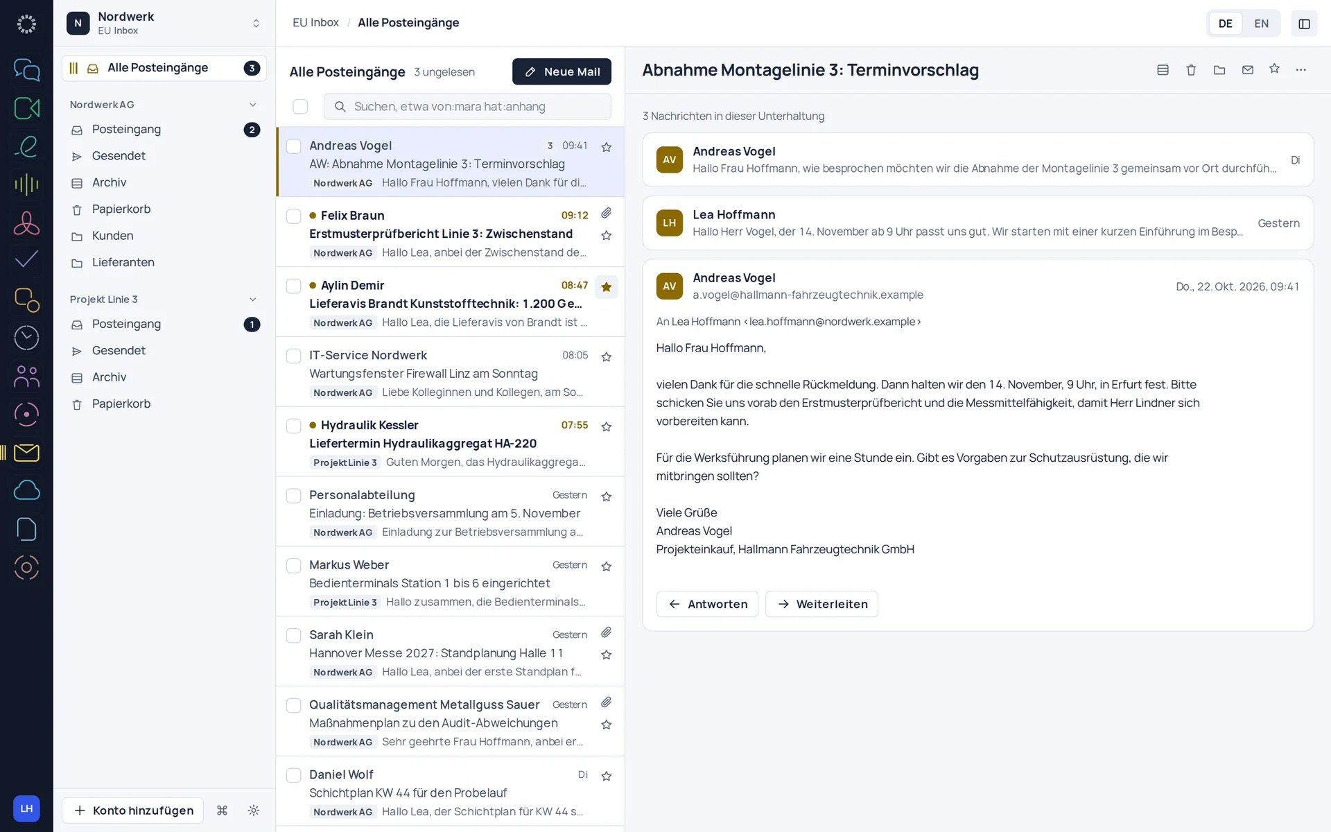 EU Inbox: Ein Posteingang für mehrere Postfächer, Unterhaltungen zusammengefasst.