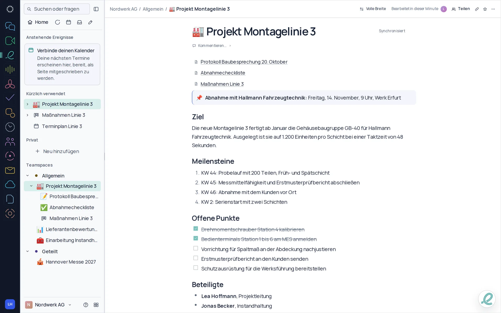 EU Notes: Projektseite mit Meilensteinen, offenen Punkten und Seitenbaum.