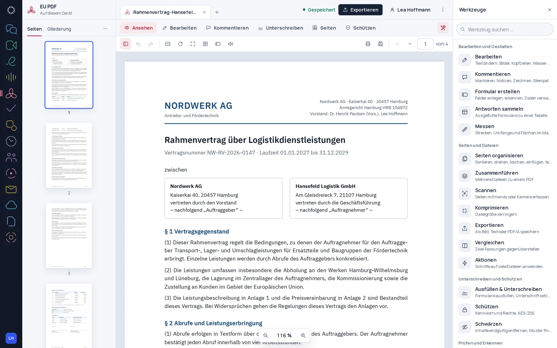 EU PDF: Rahmenvertrag geöffnet: Seitenübersicht und Werkzeuge nach Aufgaben.