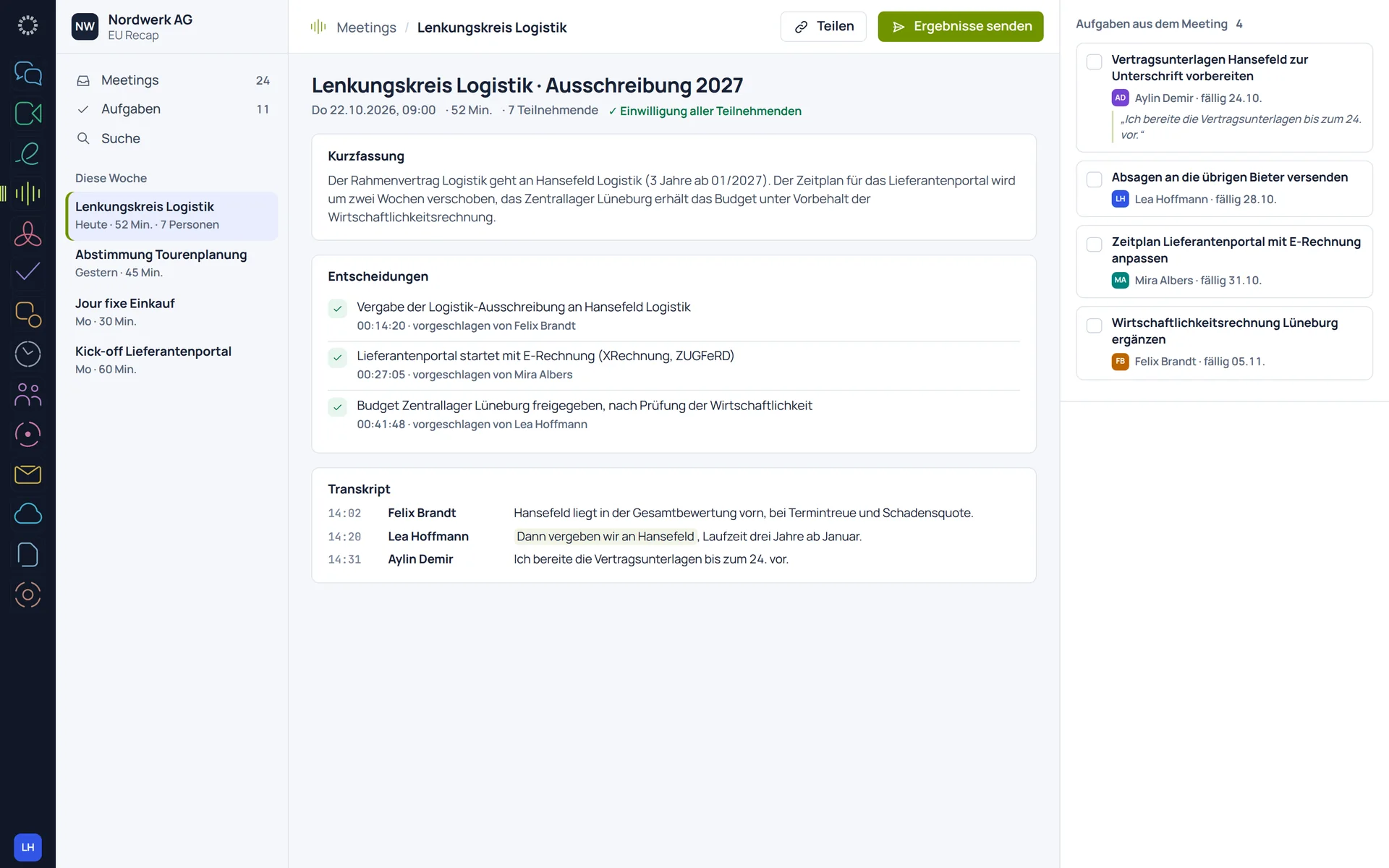 EU Recap: Protokoll im Suite-Design: Kurzfassung, Entscheidungen, Transkript und Aufgaben.