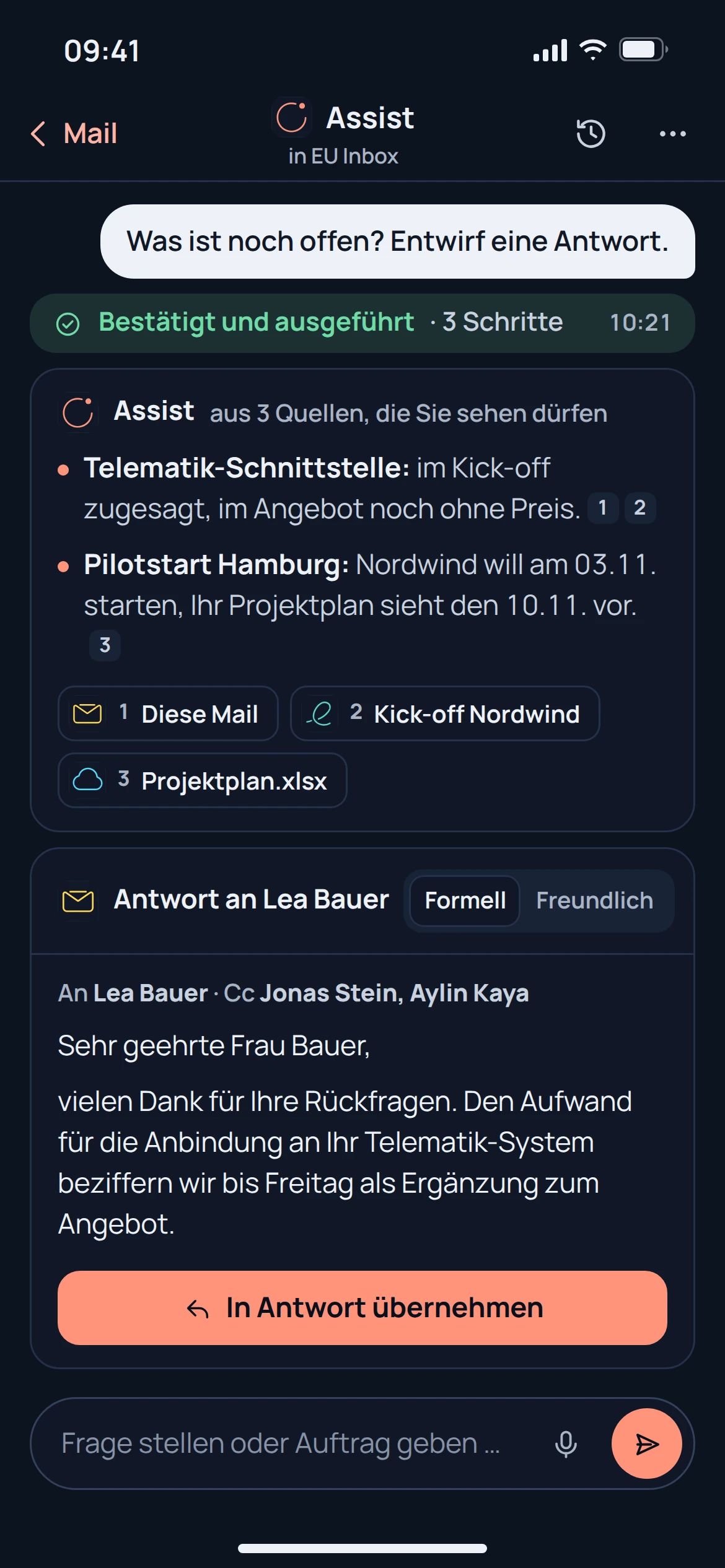 EU Assist, Schreiben & Zusammenfassen: Ansicht der Anwendung mit Beispieldaten