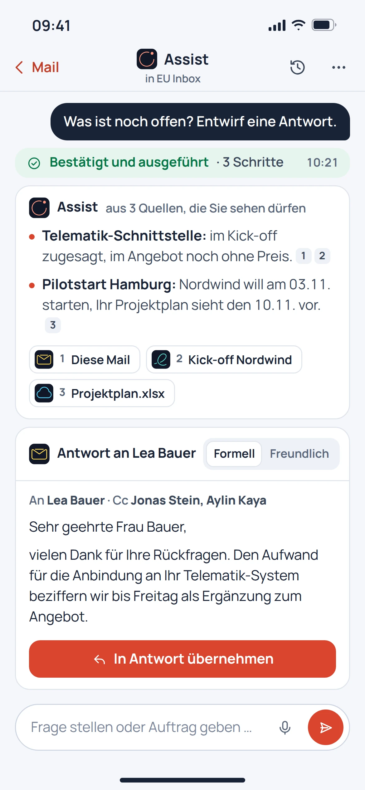 EU Assist, Schreiben & Zusammenfassen: Ansicht der Anwendung mit Beispieldaten