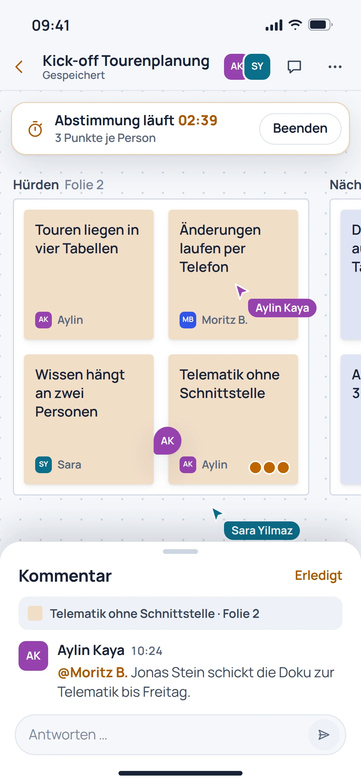 EU Board, Zusammenarbeit & Moderation: Ansicht der Anwendung mit Beispieldaten