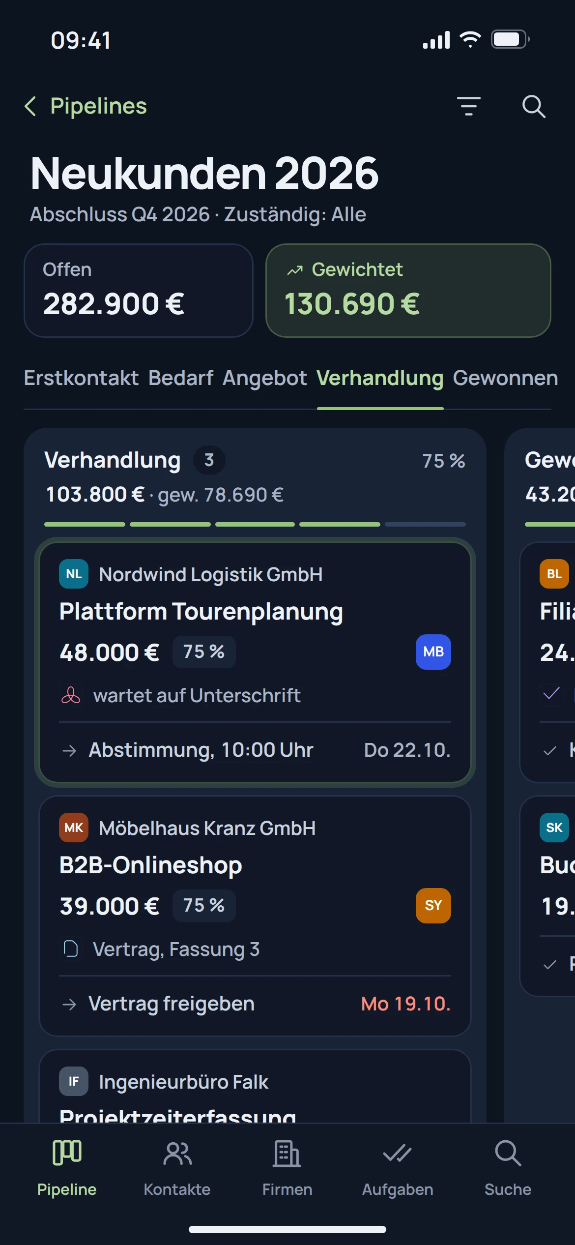 EU CRM, Pipeline und Verkaufschancen: Ansicht der Anwendung mit Beispieldaten