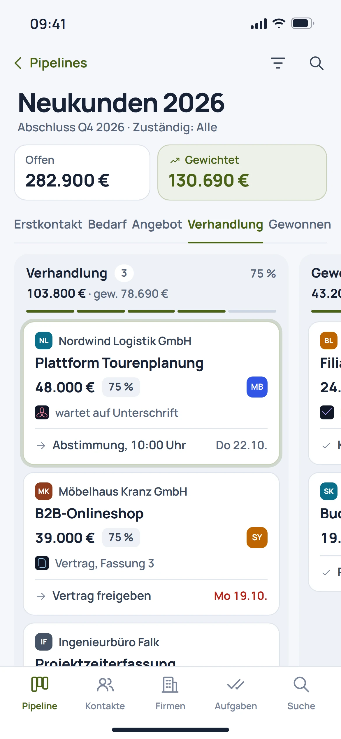 EU CRM, Pipeline und Verkaufschancen: Ansicht der Anwendung mit Beispieldaten