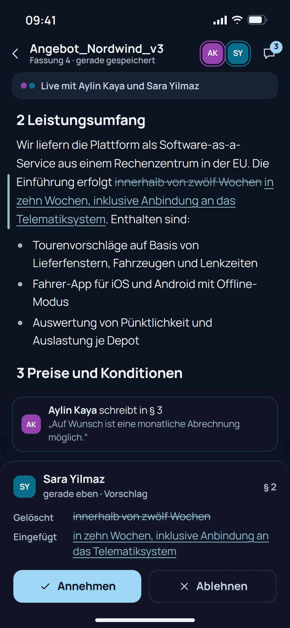 EU Docs, Gleichzeitig: Ansicht der Anwendung mit Beispieldaten