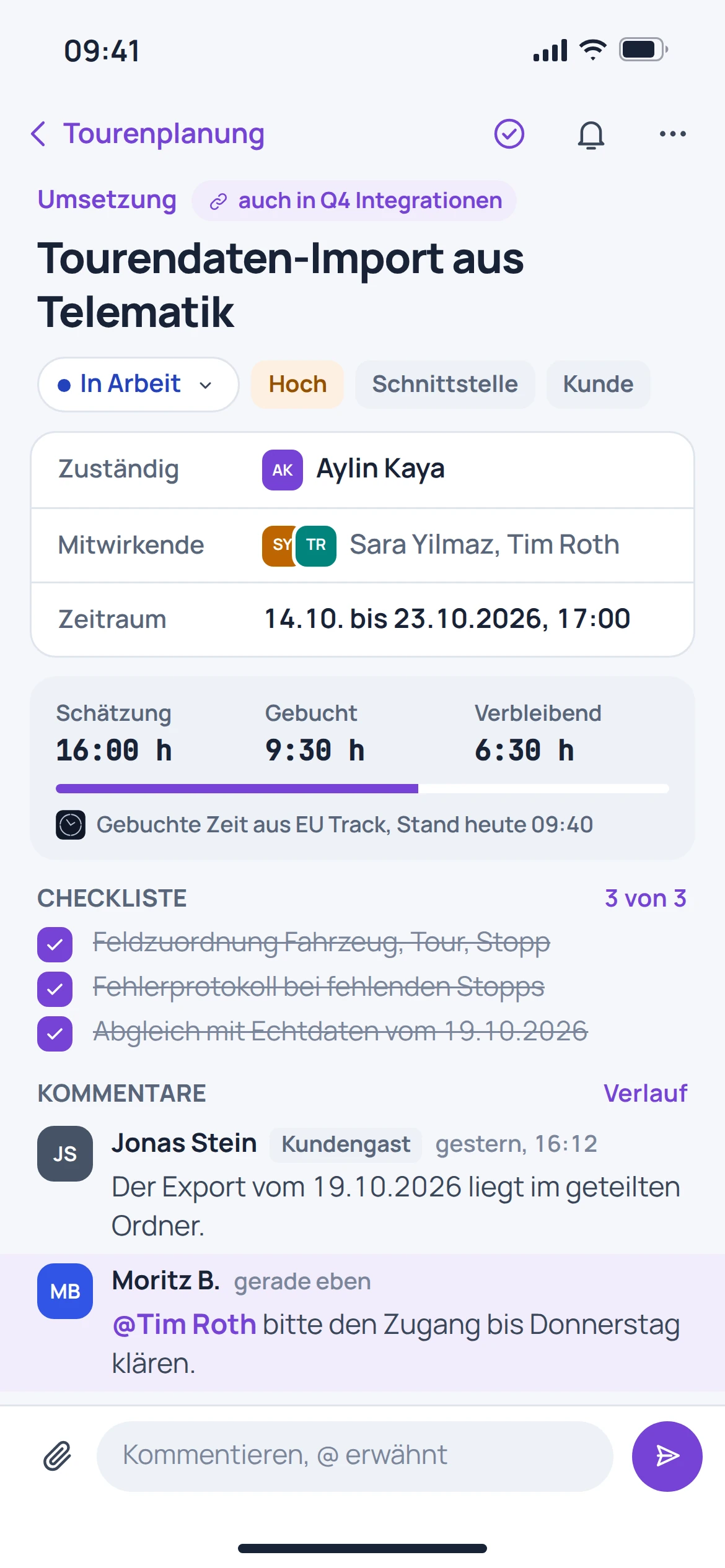 EU Flow, Die Aufgabe: Ansicht der Anwendung mit Beispieldaten