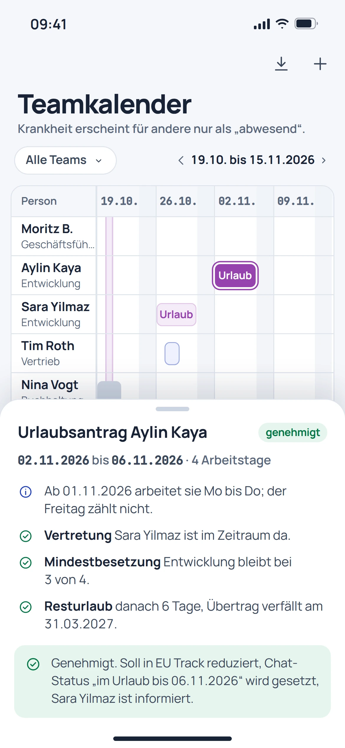EU HR, Abwesenheiten & Kalender: Ansicht der Anwendung mit Beispieldaten