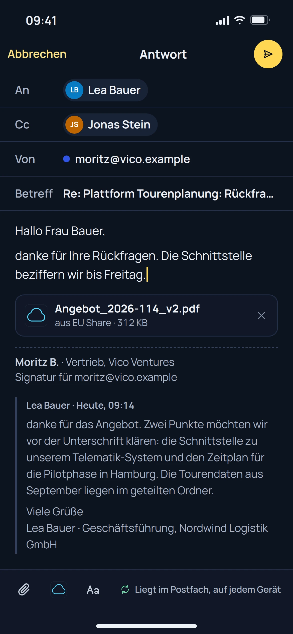 EU Inbox, Lesen und schreiben: Ansicht der Anwendung mit Beispieldaten