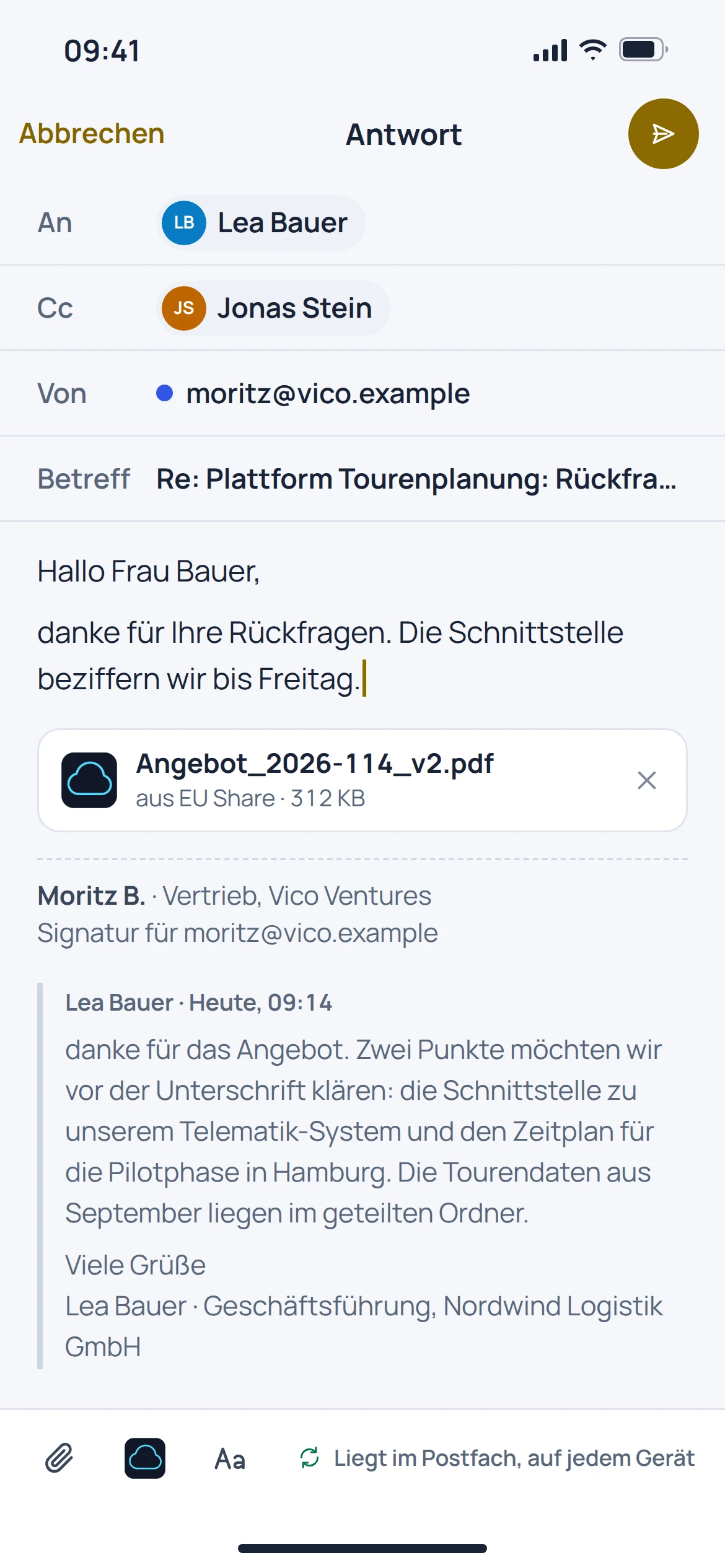 EU Inbox, Lesen und schreiben: Ansicht der Anwendung mit Beispieldaten