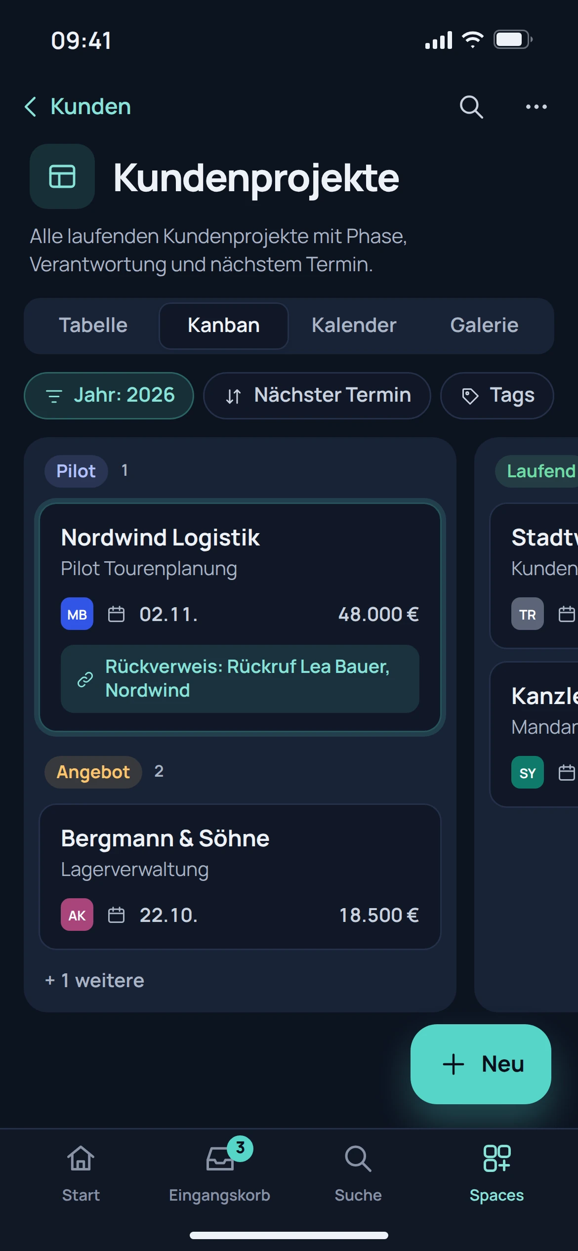 EU Notes, Organisation & Navigation: Ansicht der Anwendung mit Beispieldaten
