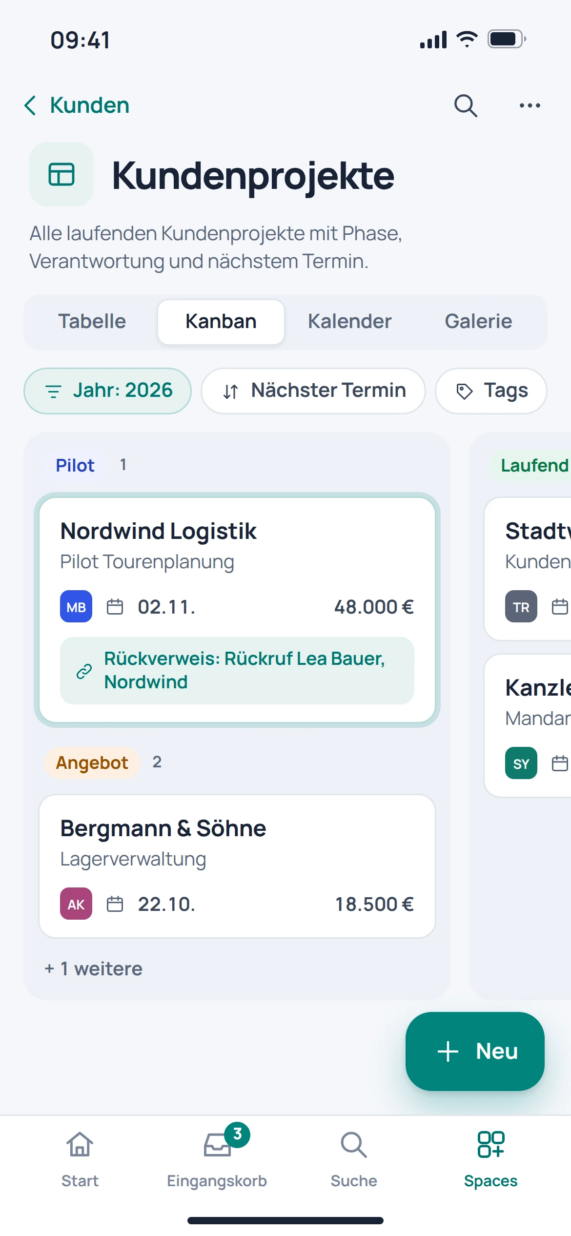 EU Notes, Organisation & Navigation: Ansicht der Anwendung mit Beispieldaten