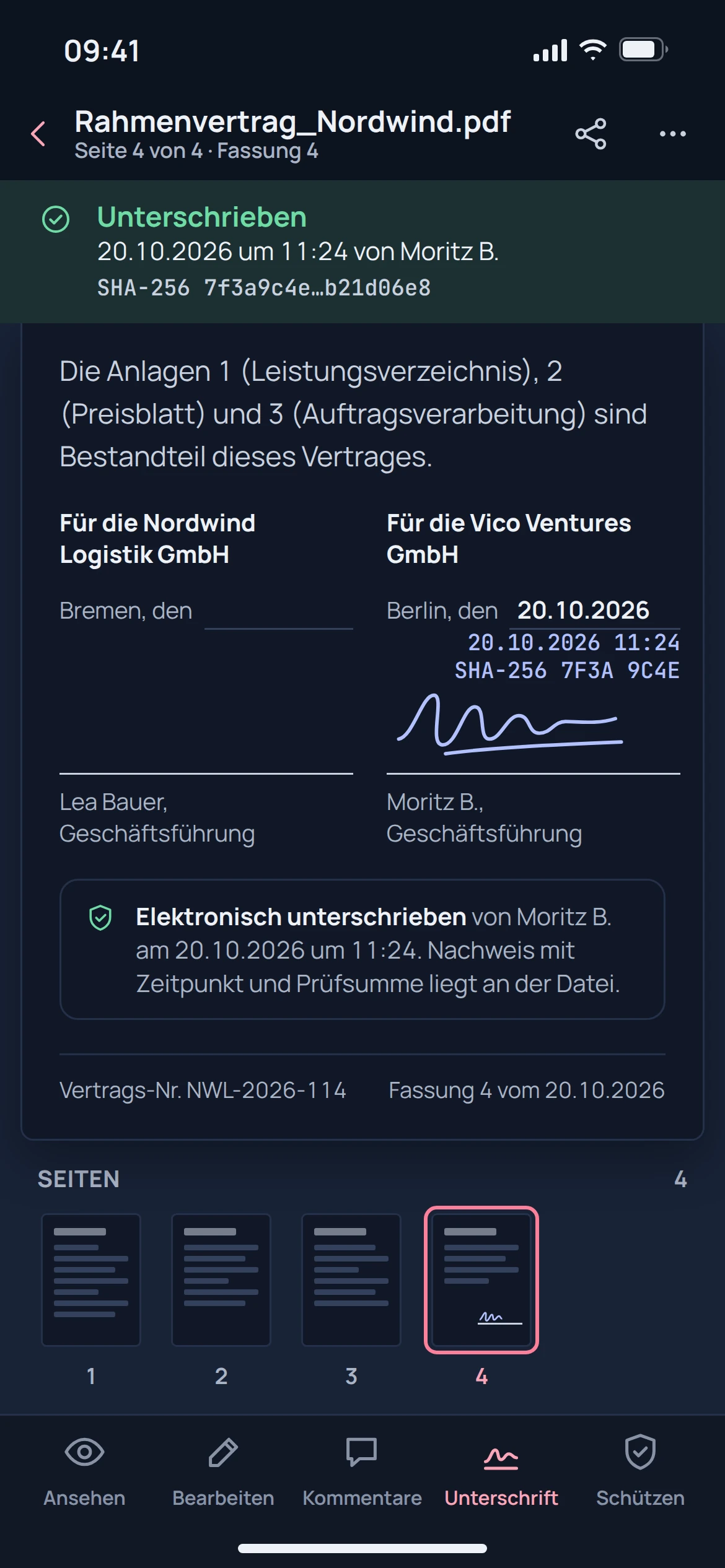 EU PDF, Unterschreiben: Ansicht der Anwendung mit Beispieldaten