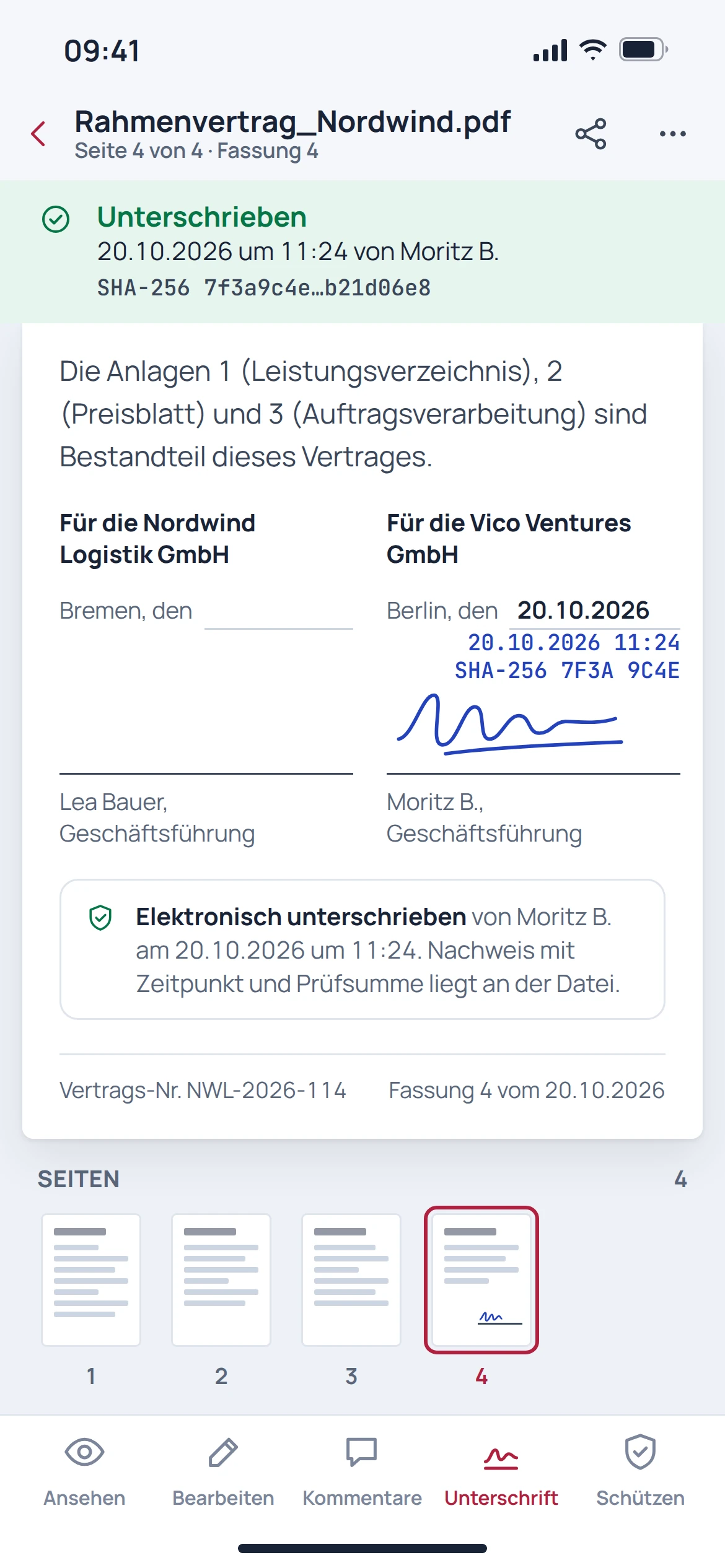 EU PDF, Unterschreiben: Ansicht der Anwendung mit Beispieldaten