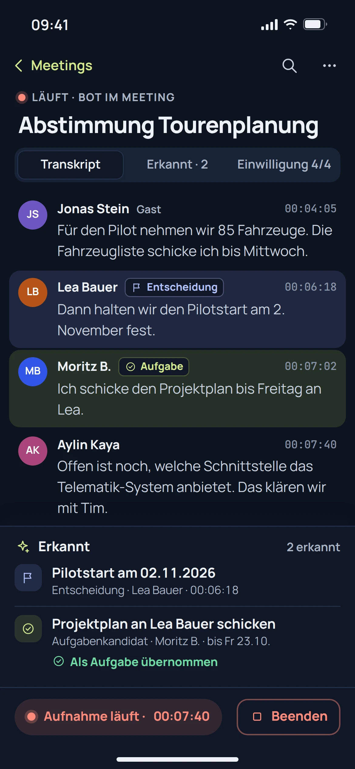 EU Recap, Transkription & Analyse: Ansicht der Anwendung mit Beispieldaten