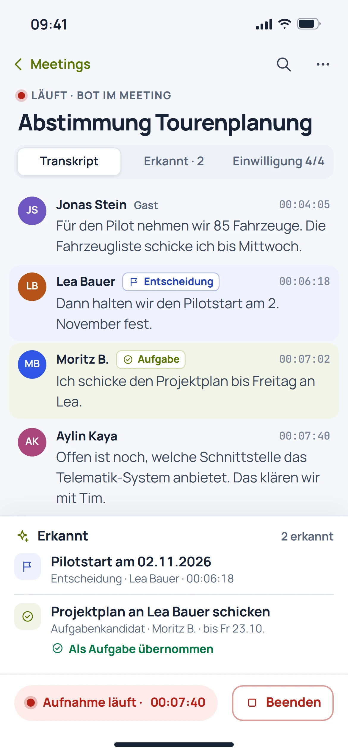 EU Recap, Transkription & Analyse: Ansicht der Anwendung mit Beispieldaten
